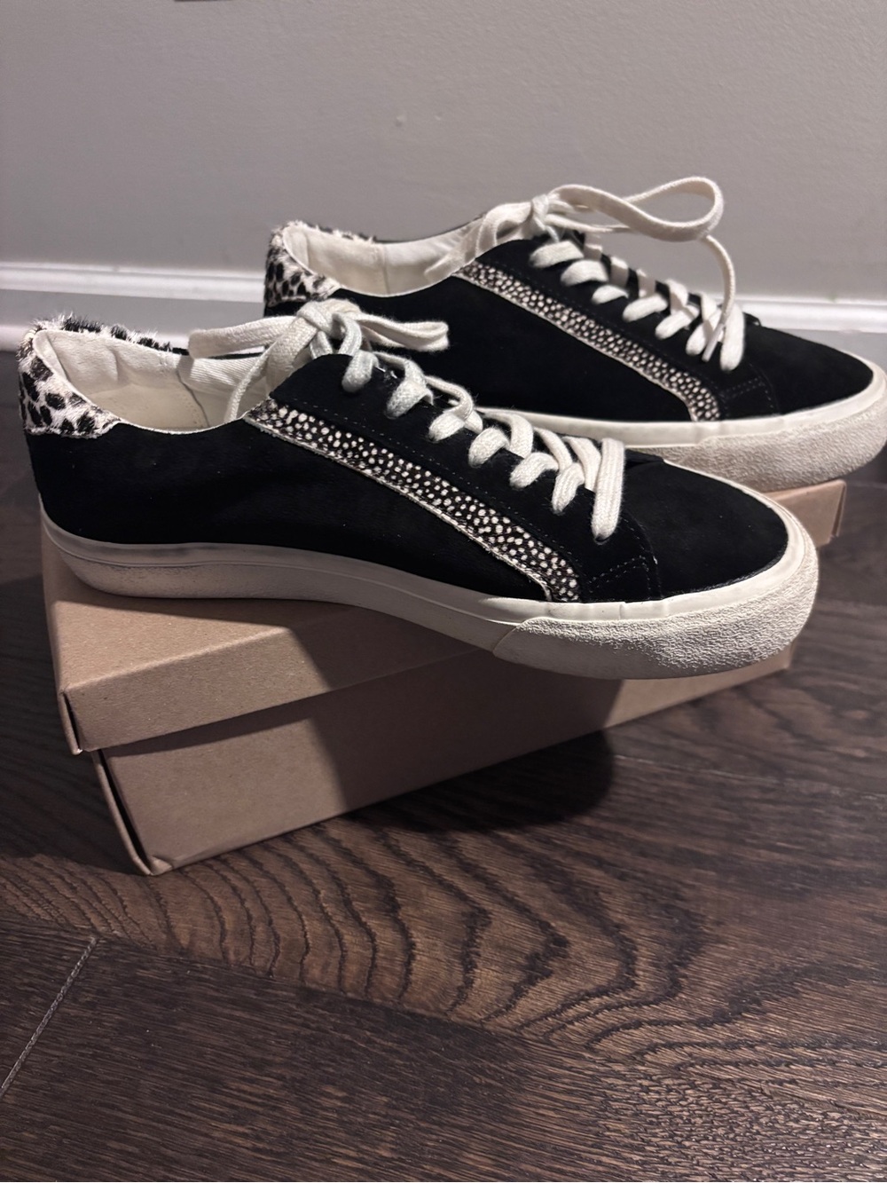 Madewell Black Suede Sneakers with White Laces and Leopard Heel